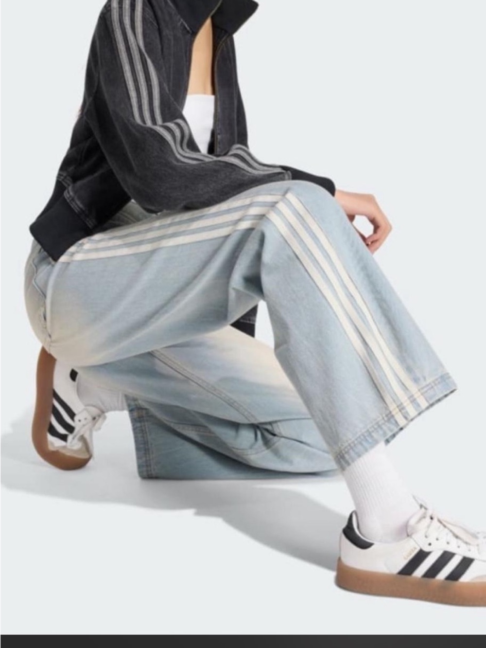 adidas Light Blue Wide-Leg Jeans with Cream Side Stripes